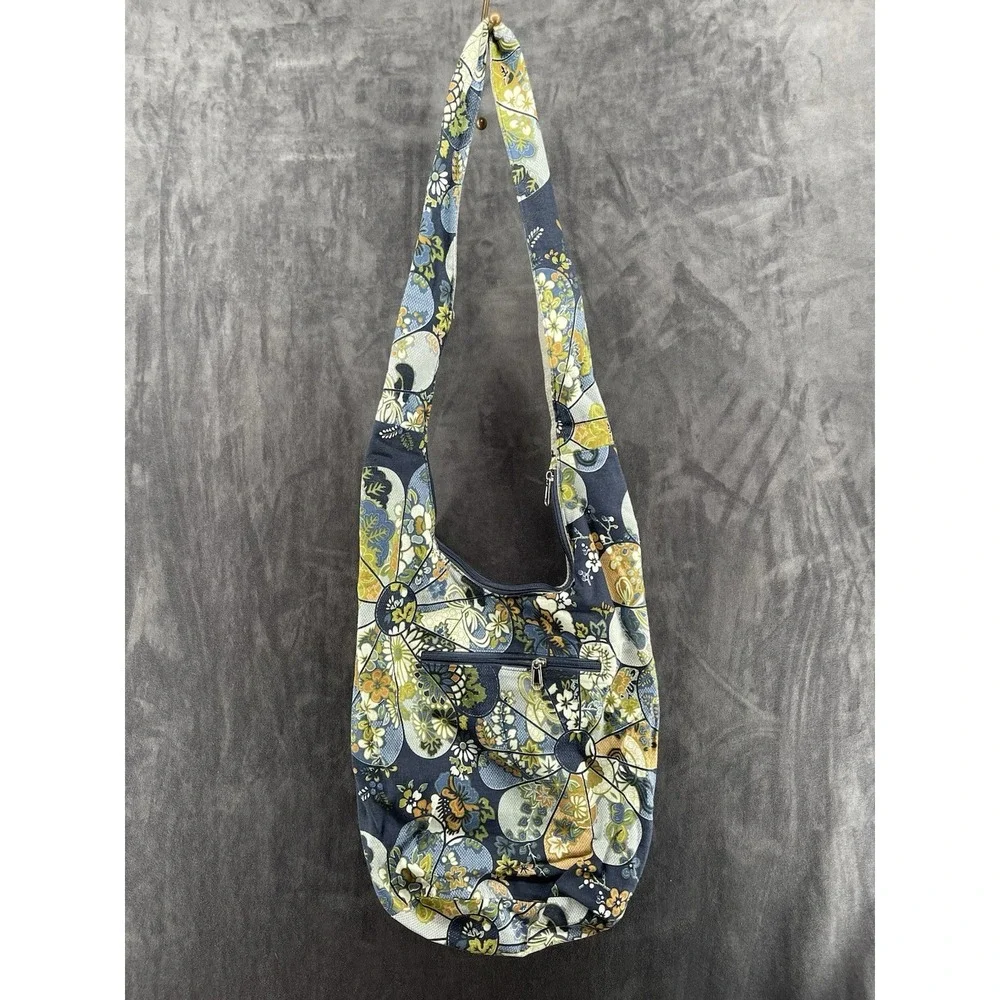 Boho Floral Cotton Sling Crossbody Hobo Bag Blue Hippie Festival Zip Purse